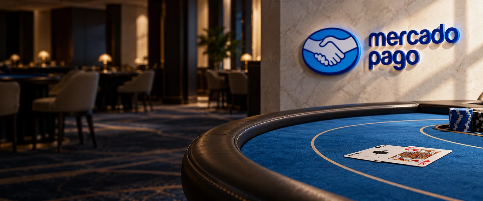 Mesa de casino con paño azul y una marca Mercado Pago en la pared